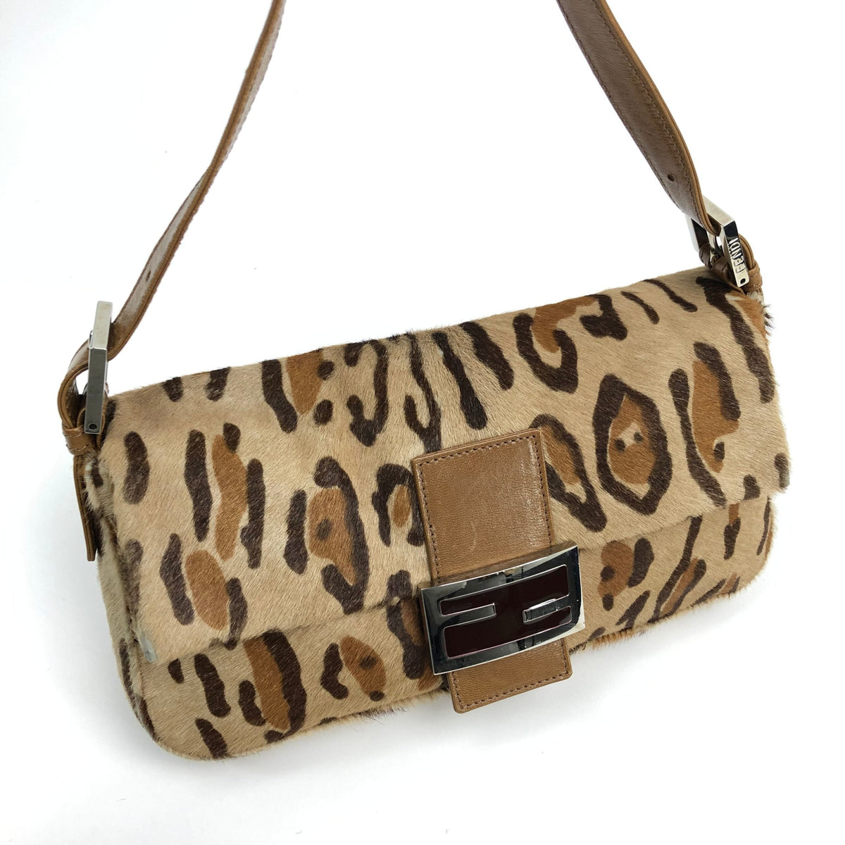 FENDI LEOPARD CALF HAIR BAGUETTE SHOULDER BAG