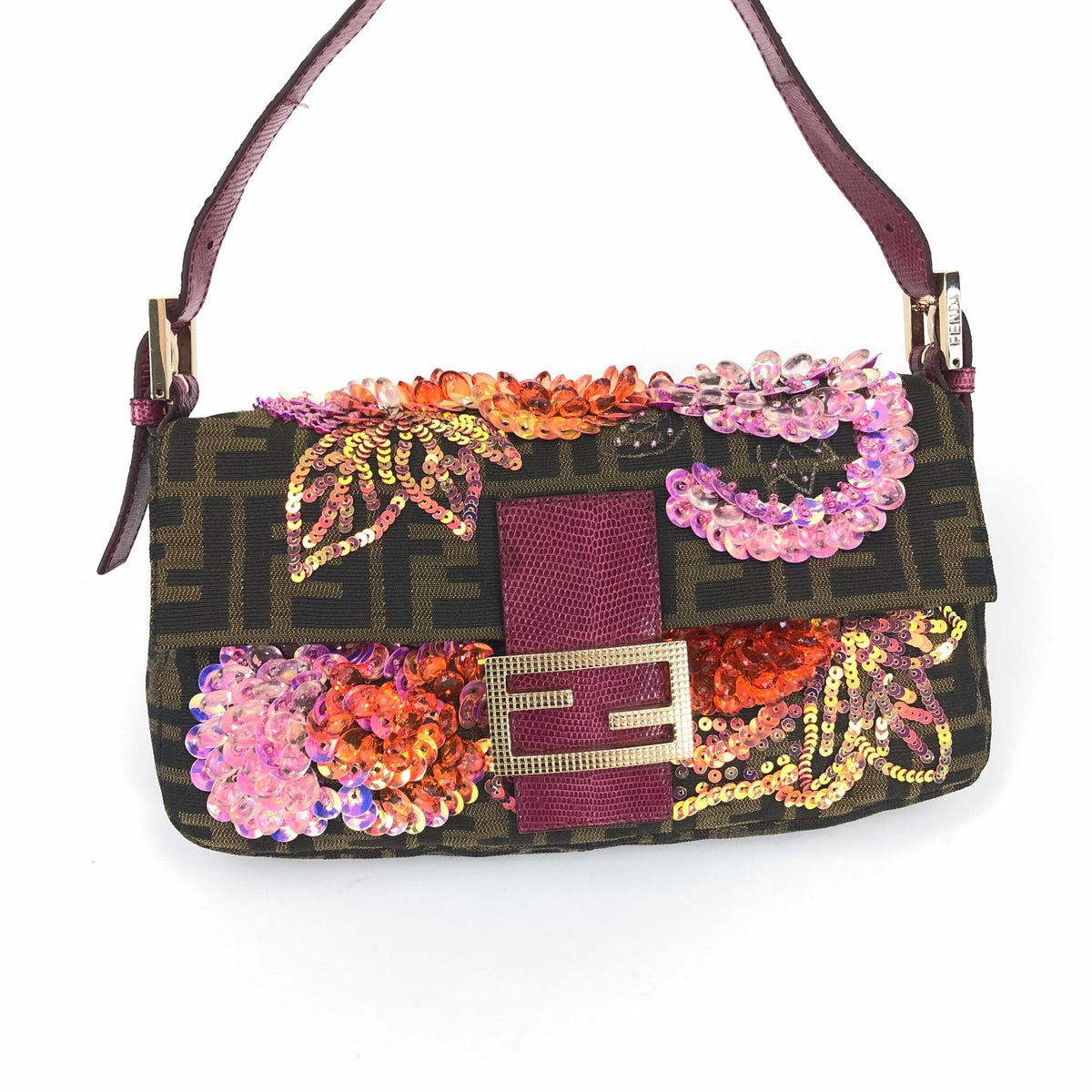FENDI BEADED BAGUETTE BAG WITH EXOTIC LIZARD DETAILING