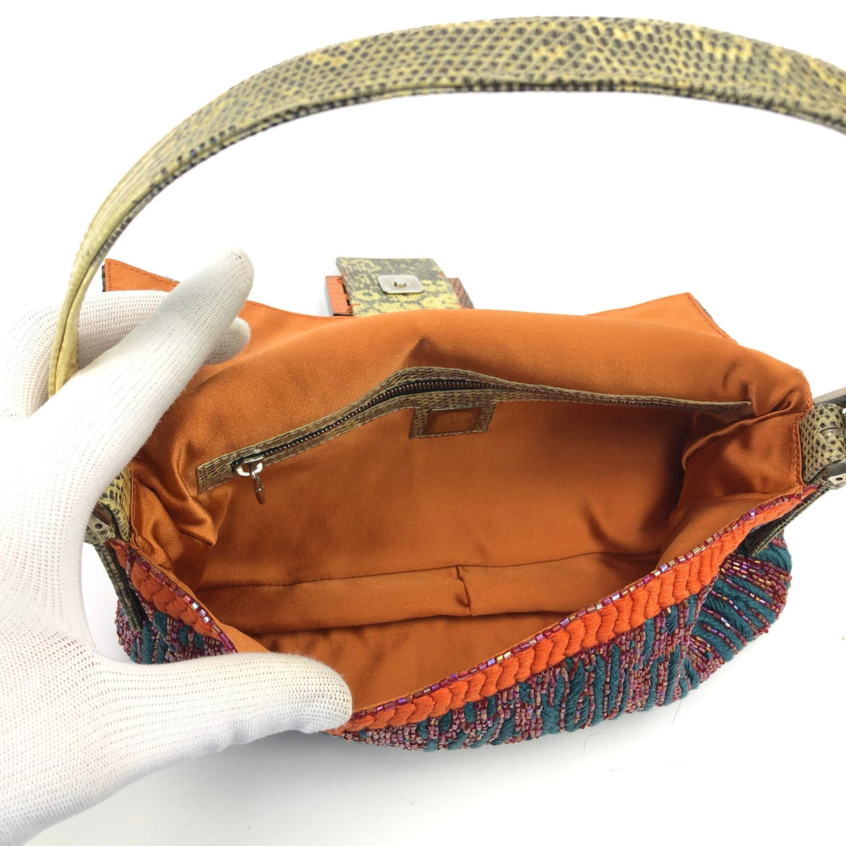 FENDI BEADED BAGUETTE BAG WITH EXOTIC LIZARD DETAILING