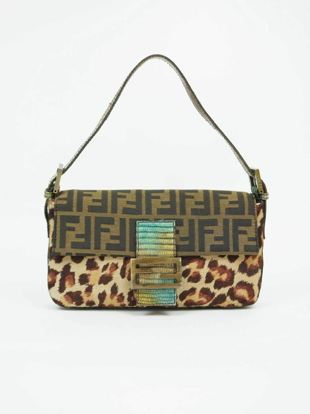 FENDI LEOPARD CALF HAIR ZUCCA BAGUETTE WITH EXOTIC LIZARD DETAILING