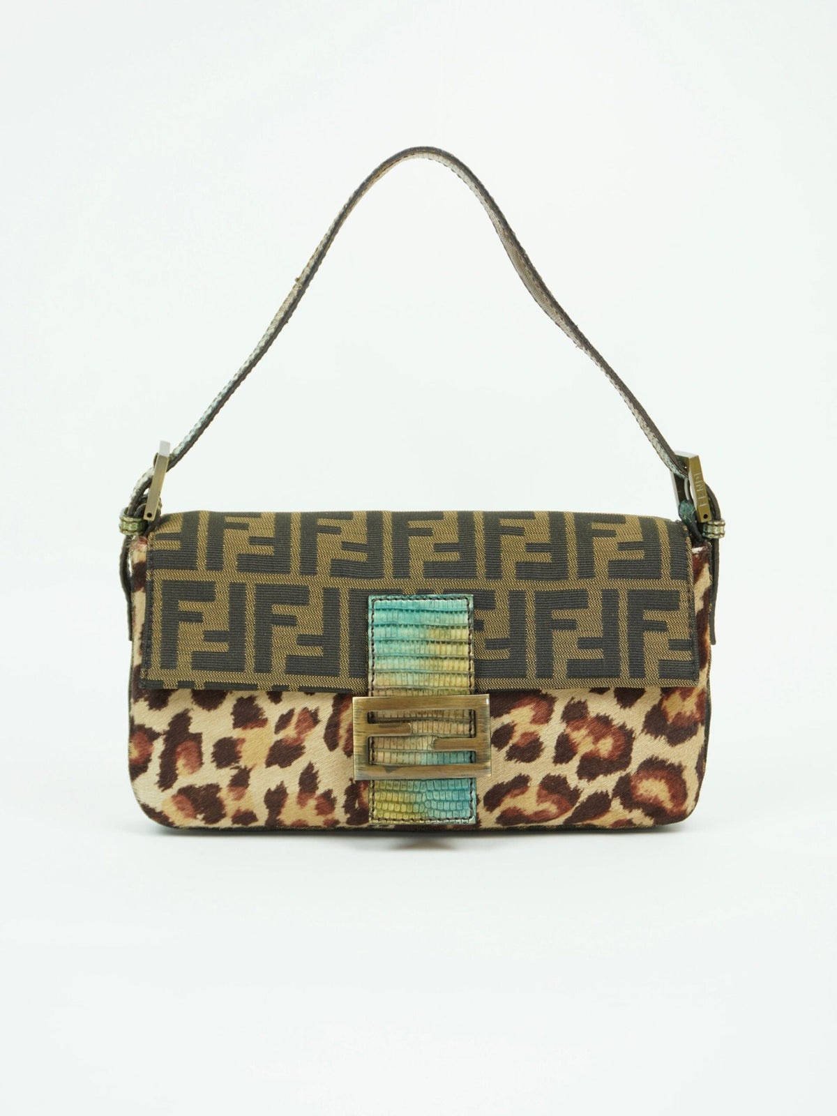 FENDI LEOPARD CALF HAIR ZUCCA BAGUETTE WITH EXOTIC LIZARD DETAILING