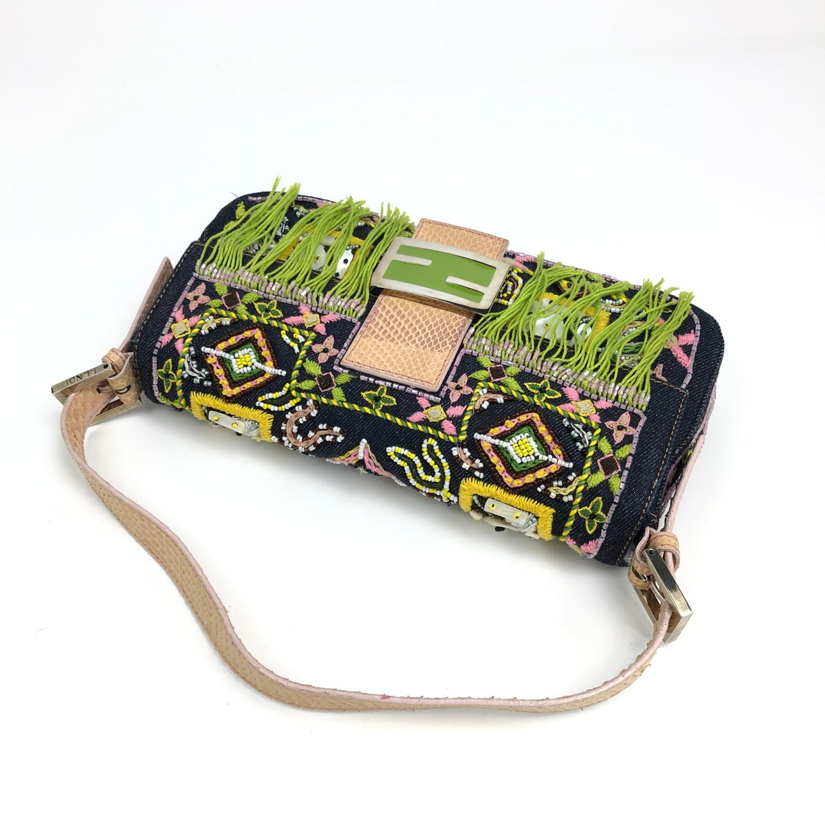 FENDI BEADED DENIM BAGUETTE WITH SNAKESKIN DETAILING