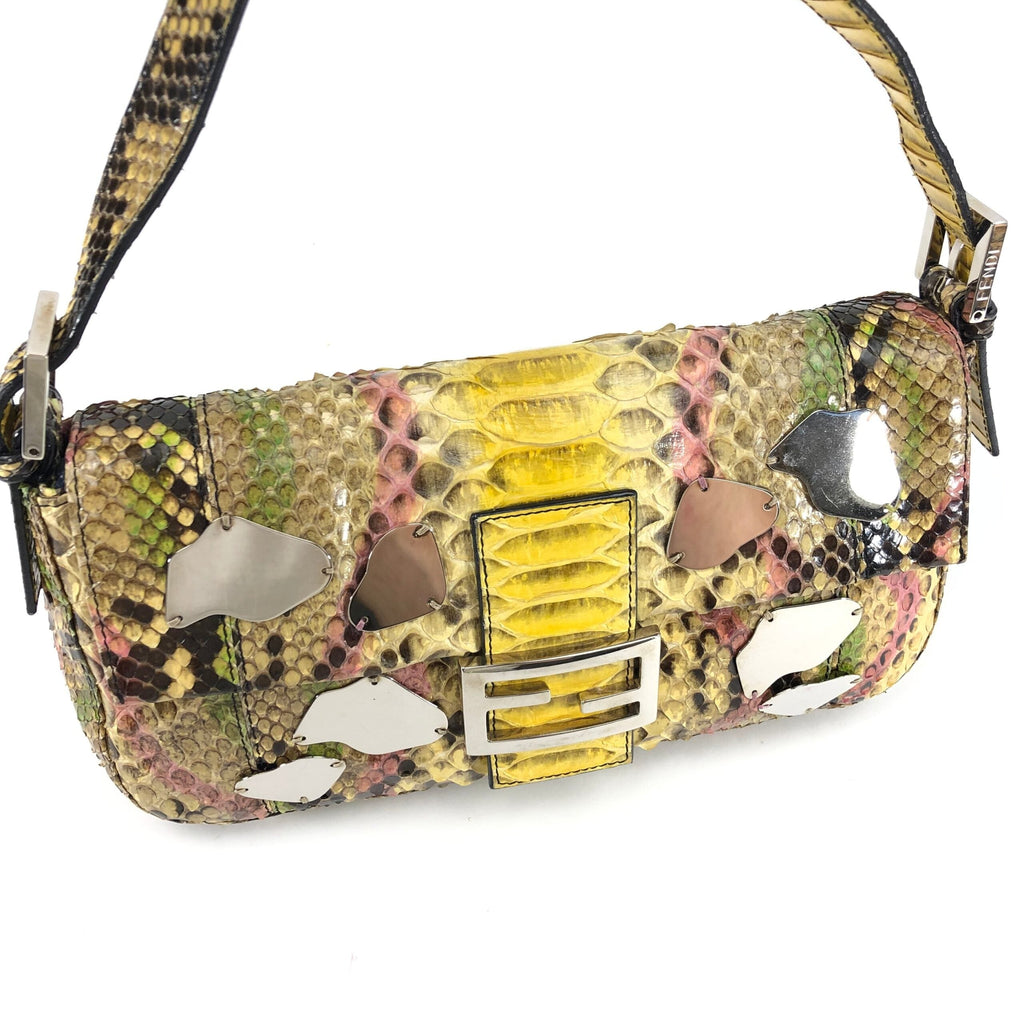 FENDI MULTI COLOUR PYTHON SNAKESKIN BAGUETTE SHOULDER BAG WITH METAL/MIRROR DETAILING