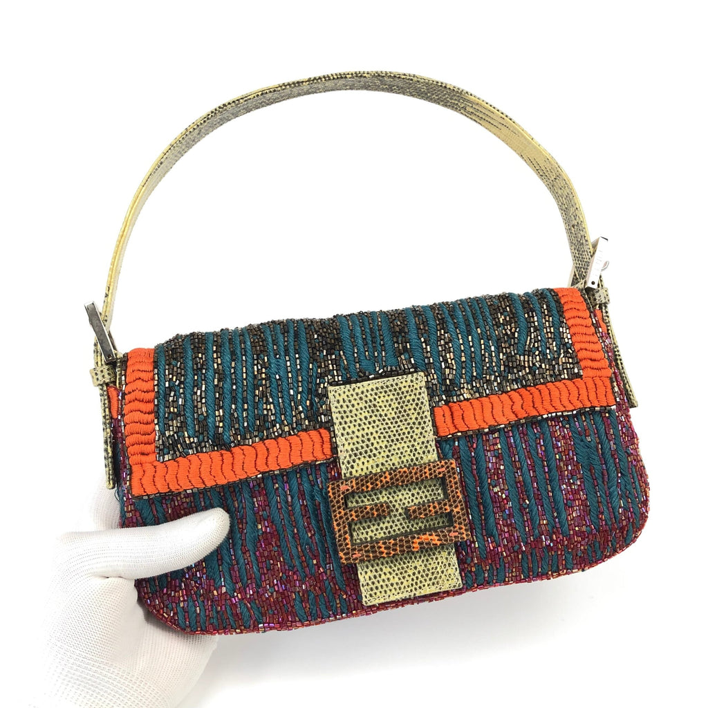 FENDI BEADED BAGUETTE BAG WITH EXOTIC LIZARD DETAILING