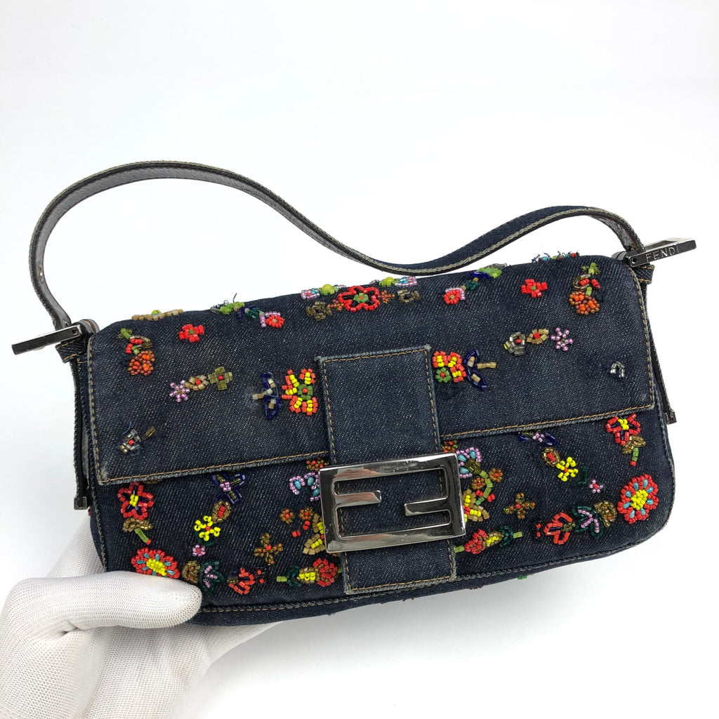 FENDI DENIM FLORAL BEADED BAGUETTE BAG