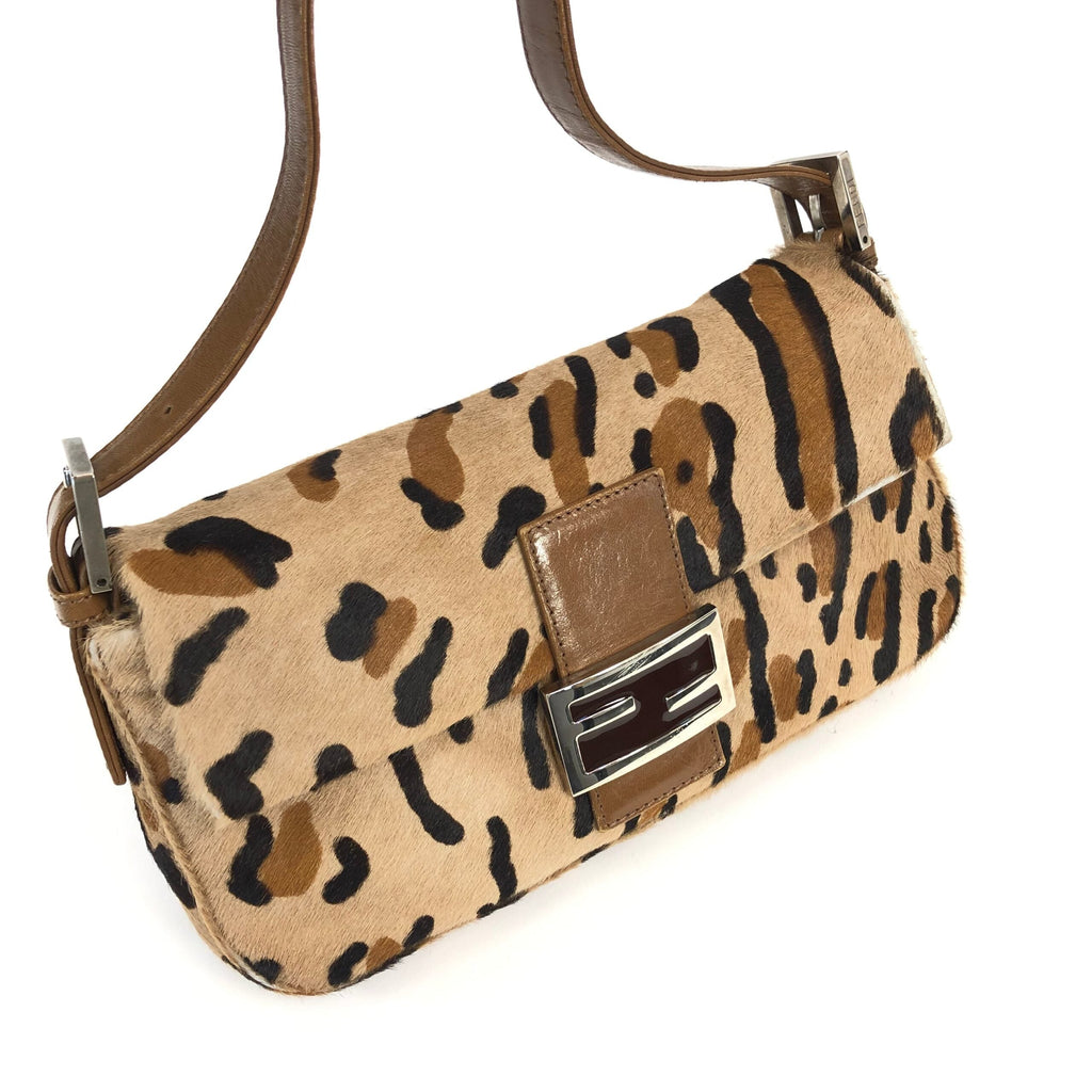 FENDI LEOPARD CALF HAIR BAGUETTE SHOULDER BAG