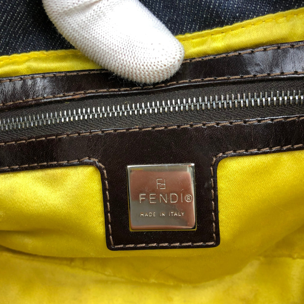 FENDI DENIM FLORAL BEADED BAGUETTE BAG