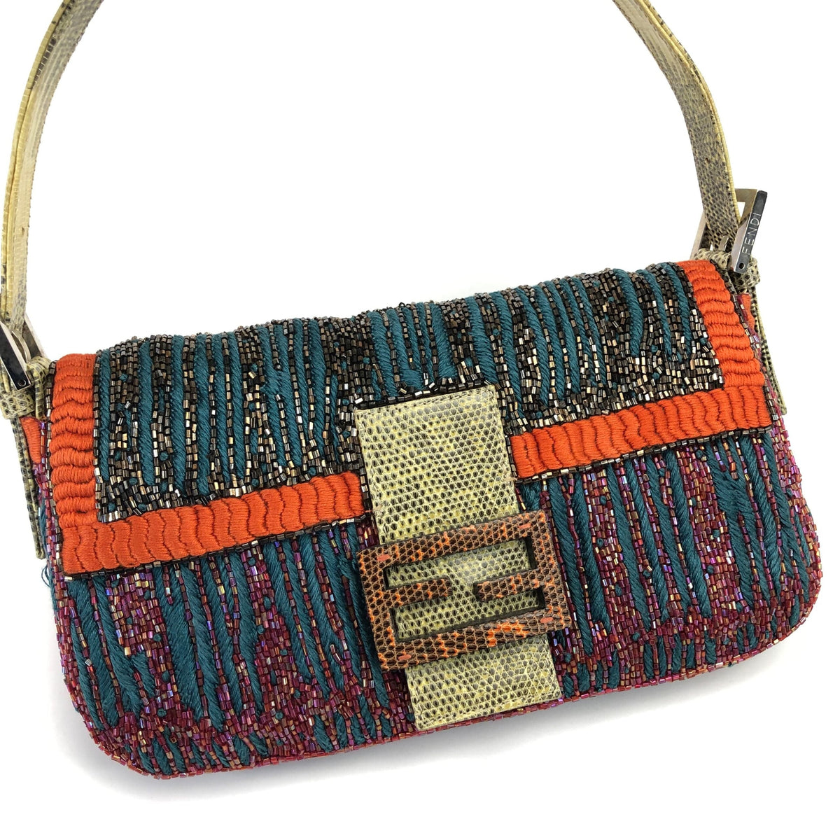 FENDI BEADED BAGUETTE BAG WITH EXOTIC LIZARD DETAILING