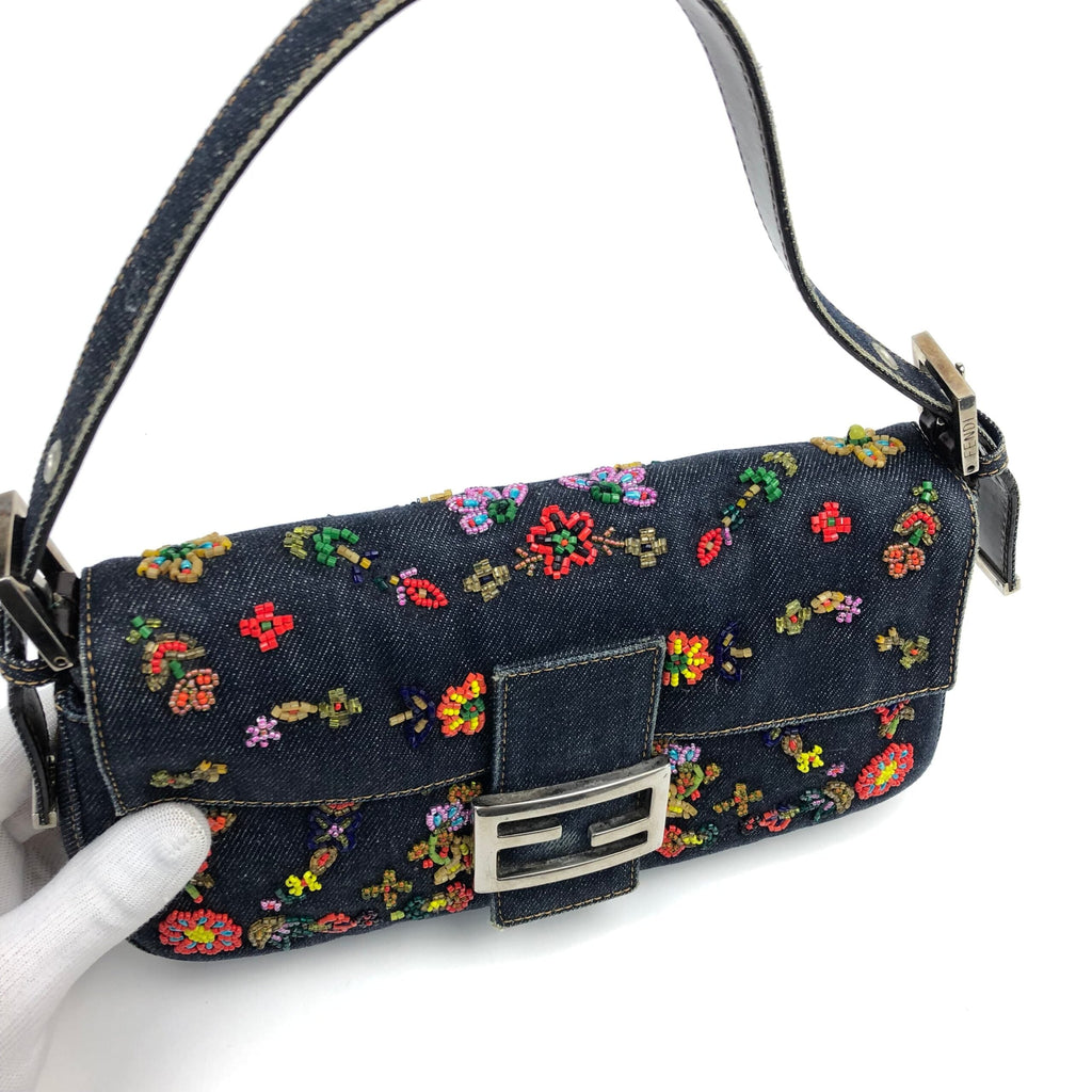 FENDI DENIM BEADED BAGUETTE BAG