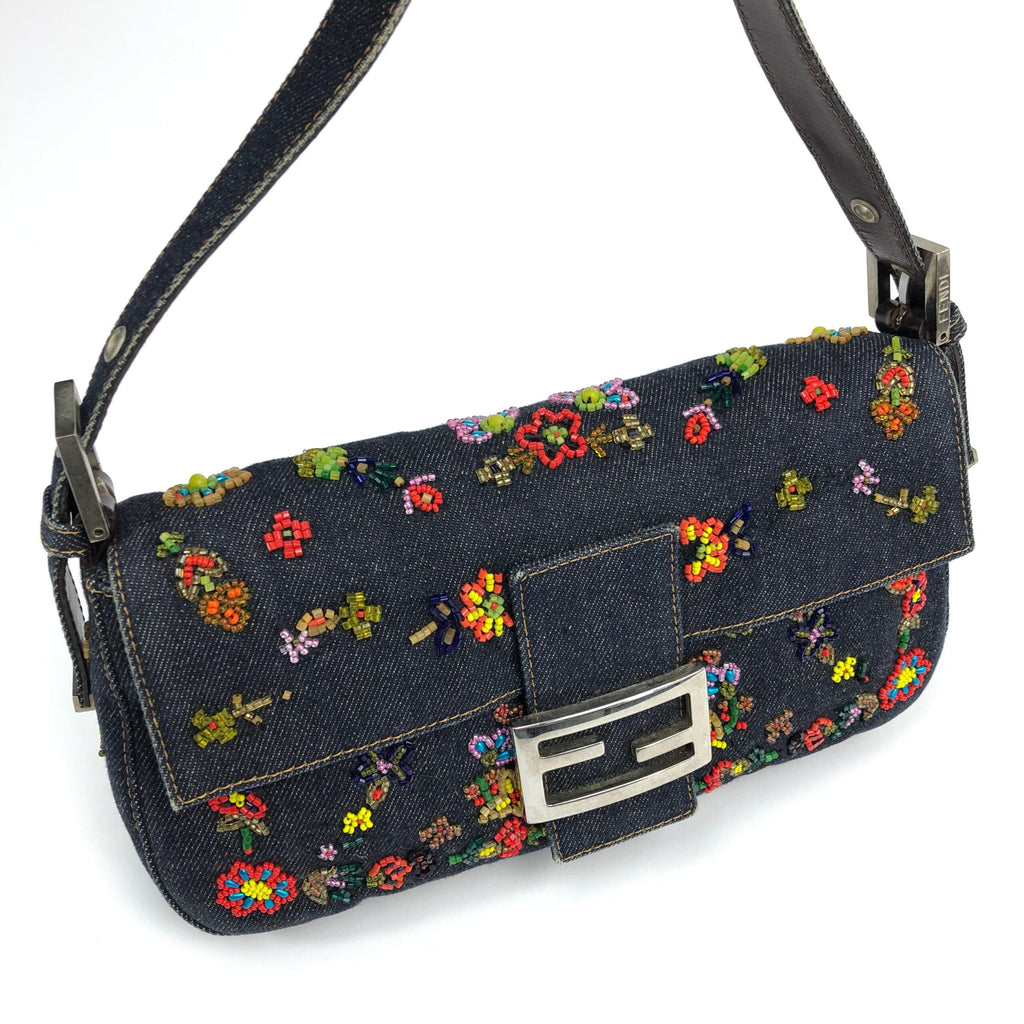 FENDI DENIM FLORAL BEADED BAGUETTE BAG