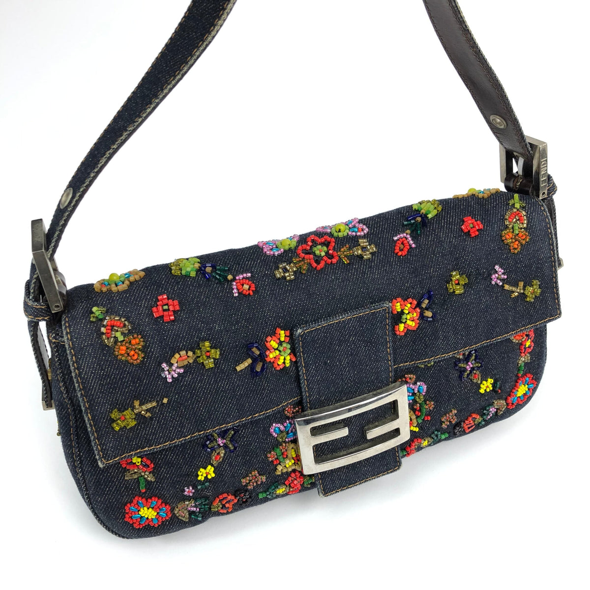 FENDI DENIM FLORAL BEADED BAGUETTE BAG