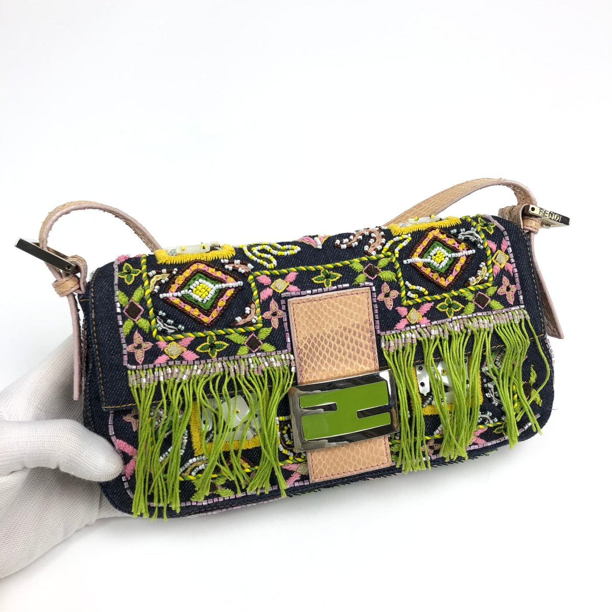 FENDI BEADED DENIM BAGUETTE WITH SNAKESKIN DETAILING