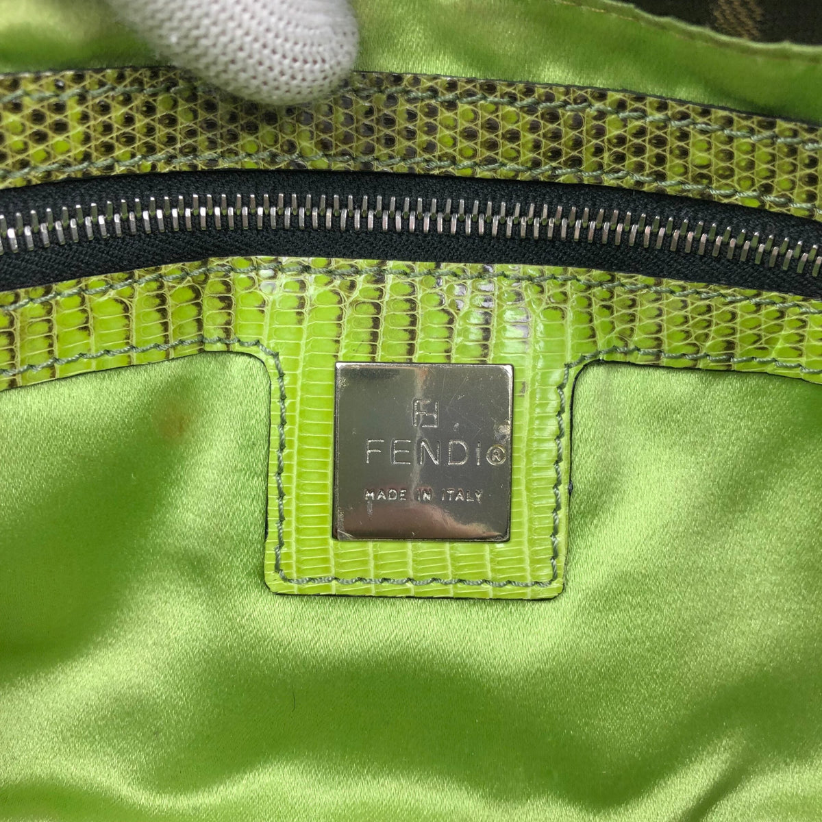 FENDI ZUCCA FLORAL BEADED BAGUETTE BAG WITH EXOTIC LIZARD DETAILING