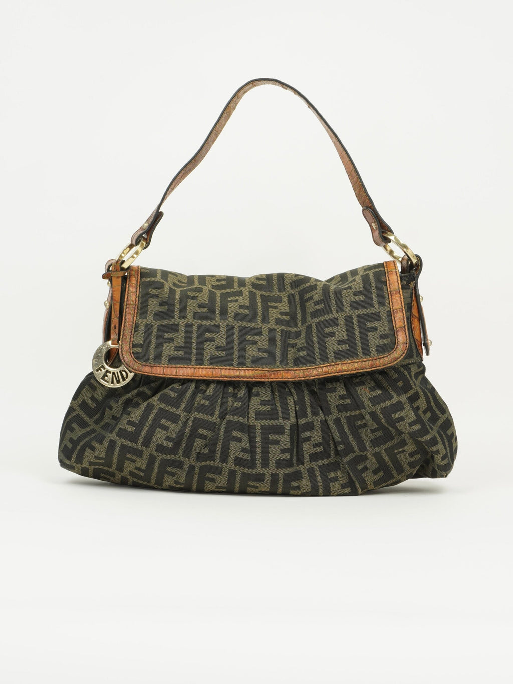 FENDI ZUCCA SHOULDER BAG WITH CROCODILE EMBOSSED TRIM