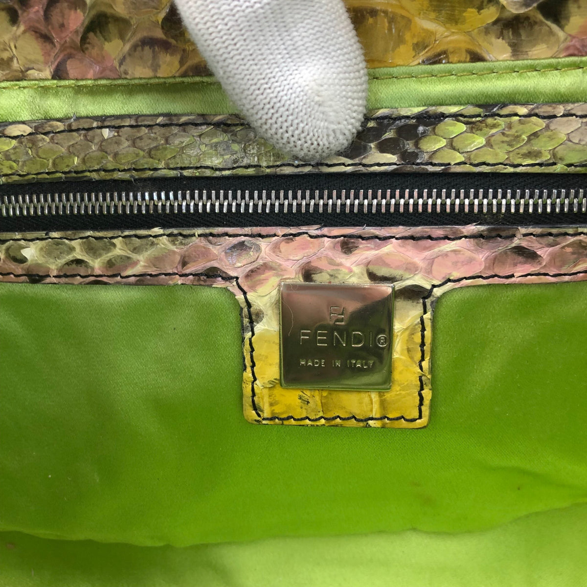 FENDI MULTI COLOUR PYTHON SNAKESKIN BAGUETTE BAG WITH METAL/MIRROR DETAILING