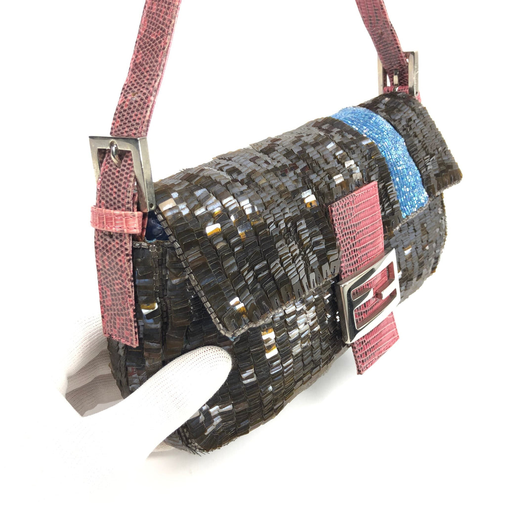 FENDI BEADED BAGUETTE BAG WITH EXOTIC LIZARD LEATHER DETAILING