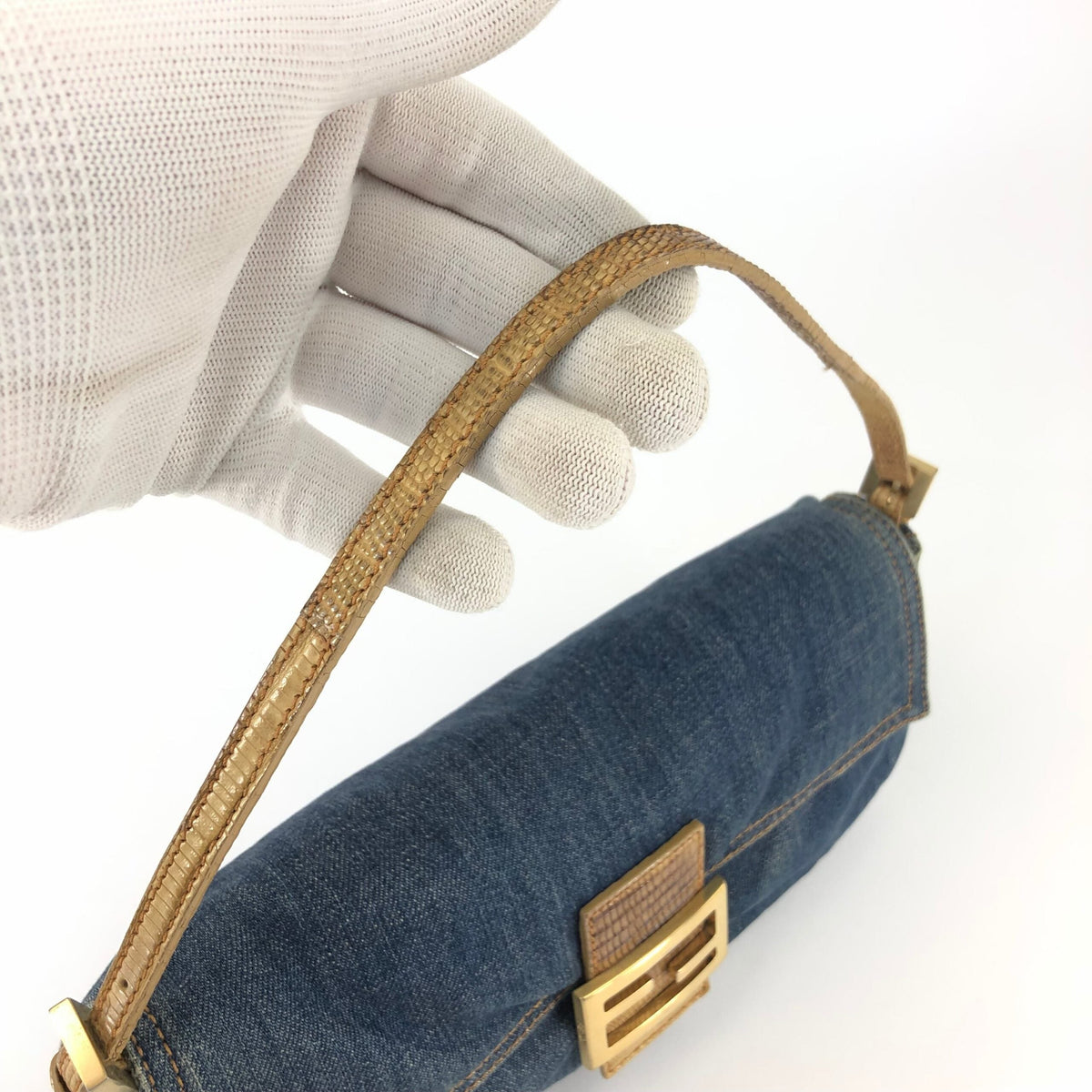 FENDI DENIM BAGUETTE BAG WITH LIZARD DETAILING