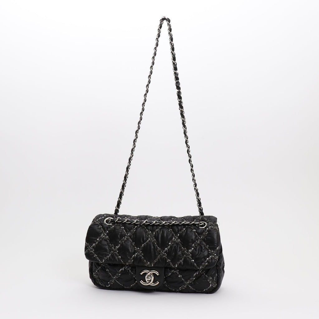 Chanel Timeless Classic medium model handbag in black quilted canvas and grey jersey - DETAIL 8