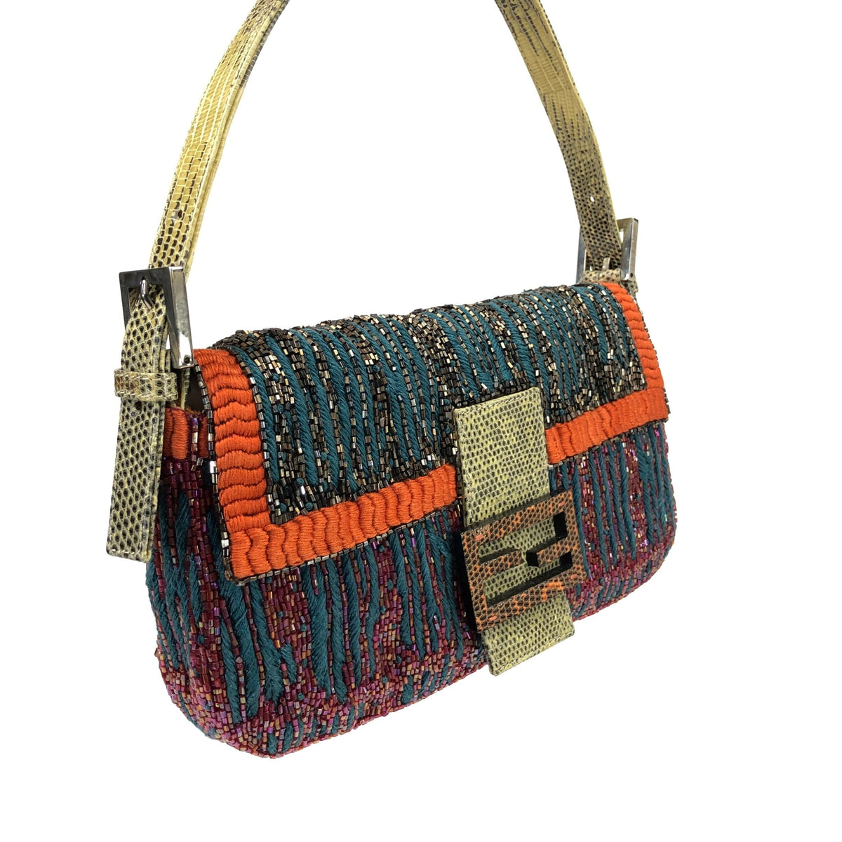 FENDI BEADED BAGUETTE BAG WITH EXOTIC LIZARD DETAILING