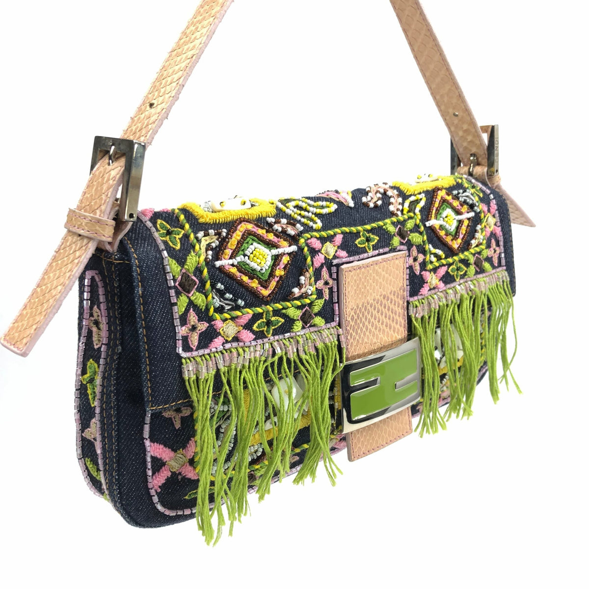 FENDI BEADED DENIM BAGUETTE WITH SNAKESKIN DETAILING