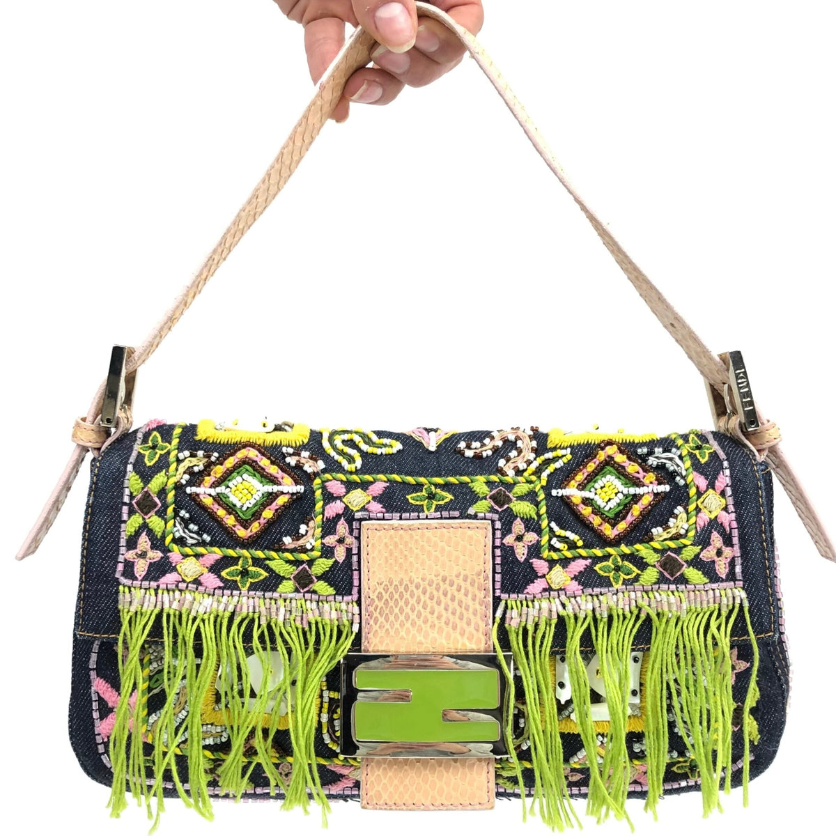 FENDI BEADED DENIM BAGUETTE WITH SNAKESKIN DETAILING