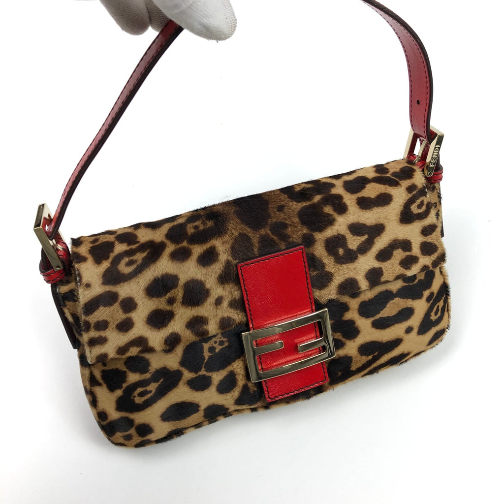 FENDI LEOPARD PONY HAIR BAGUETTE SHOULDER BAG