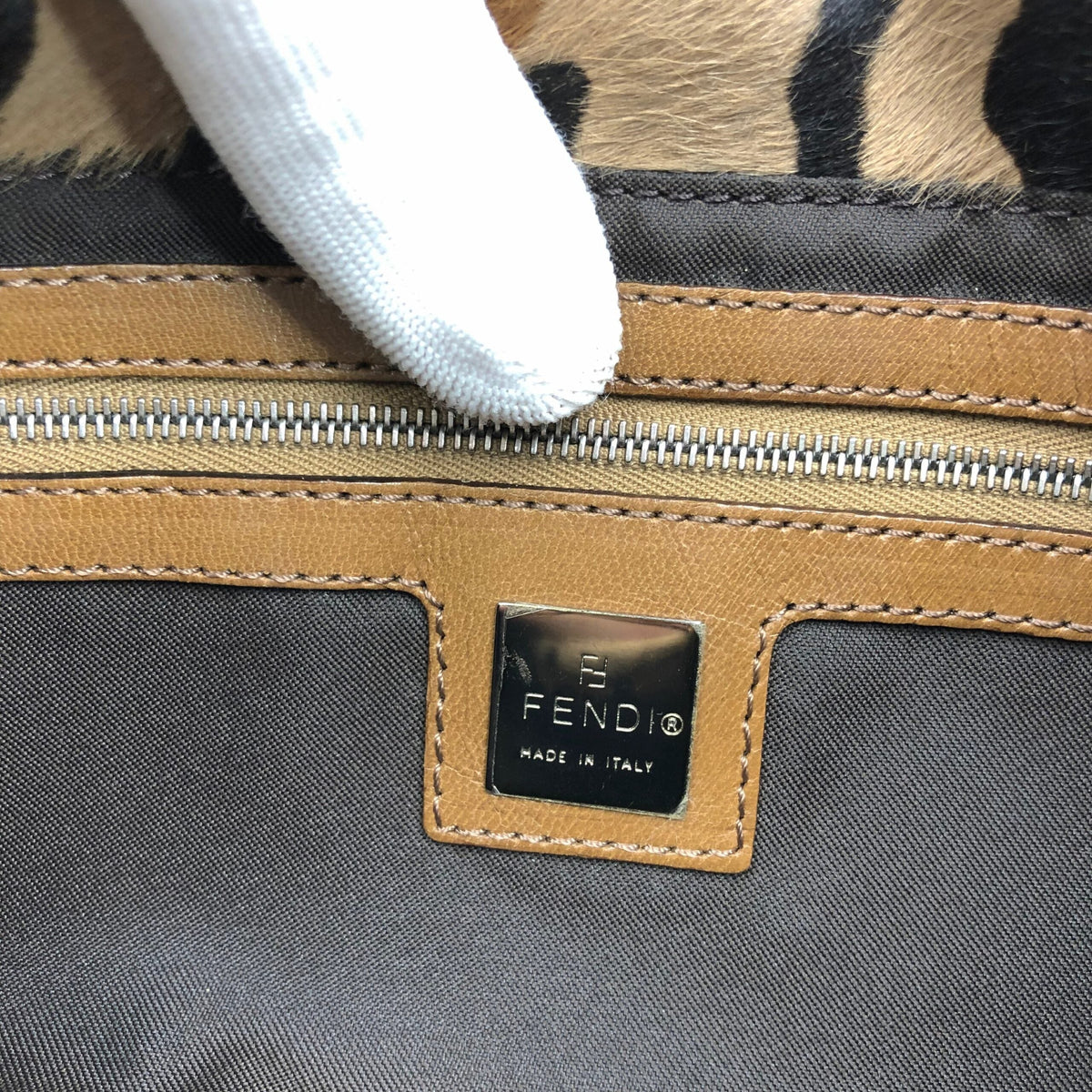 FENDI LEOPARD CALF HAIR BAGUETTE SHOULDER BAG