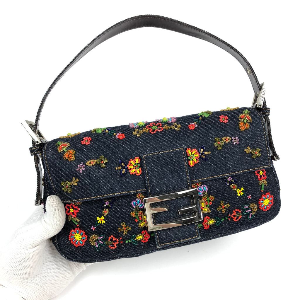 FENDI DENIM FLORAL BEADED BAGUETTE BAG