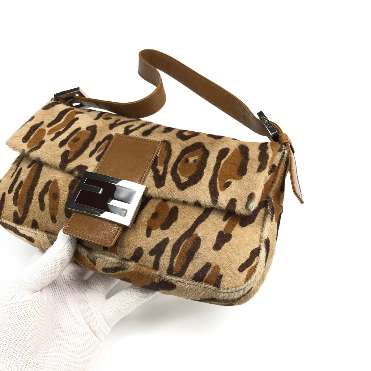 FENDI LEOPARD CALF HAIR BAGUETTE SHOULDER BAG