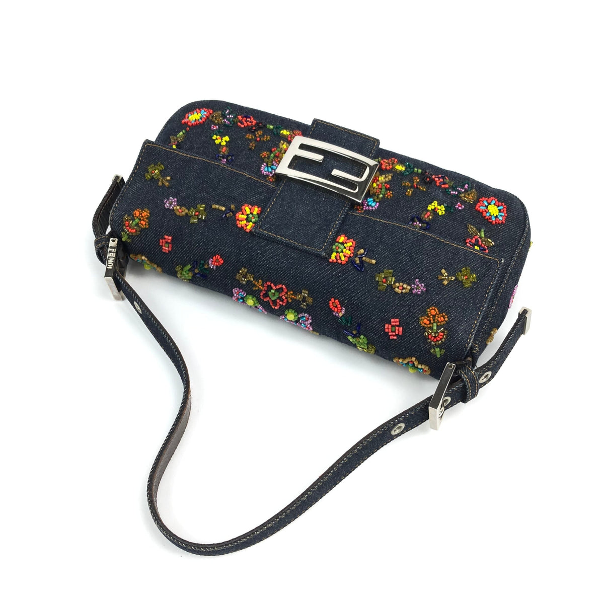 FENDI DENIM FLORAL BEADED BAGUETTE BAG