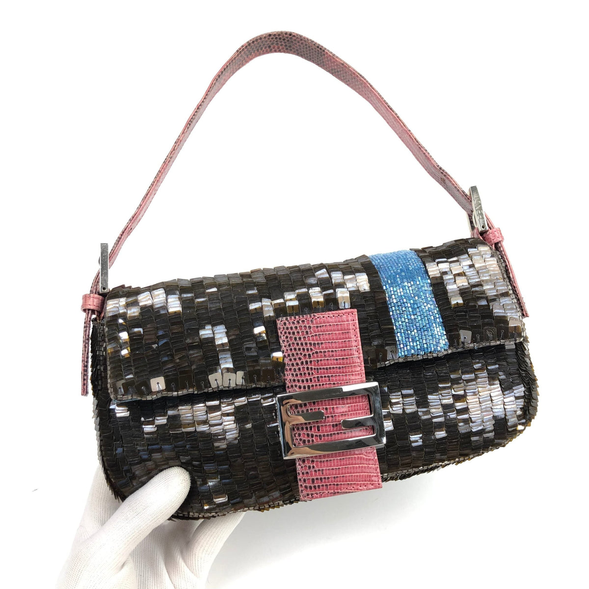 FENDI BEADED BAGUETTE BAG WITH EXOTIC LIZARD LEATHER DETAILING