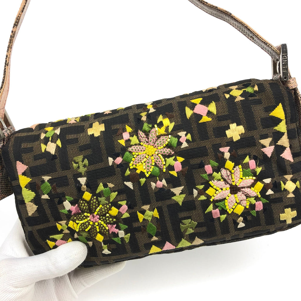 FENDI ZUCCA BEADED BAGUETTE BAG WITH EXOTIC LIZARD DETAILING