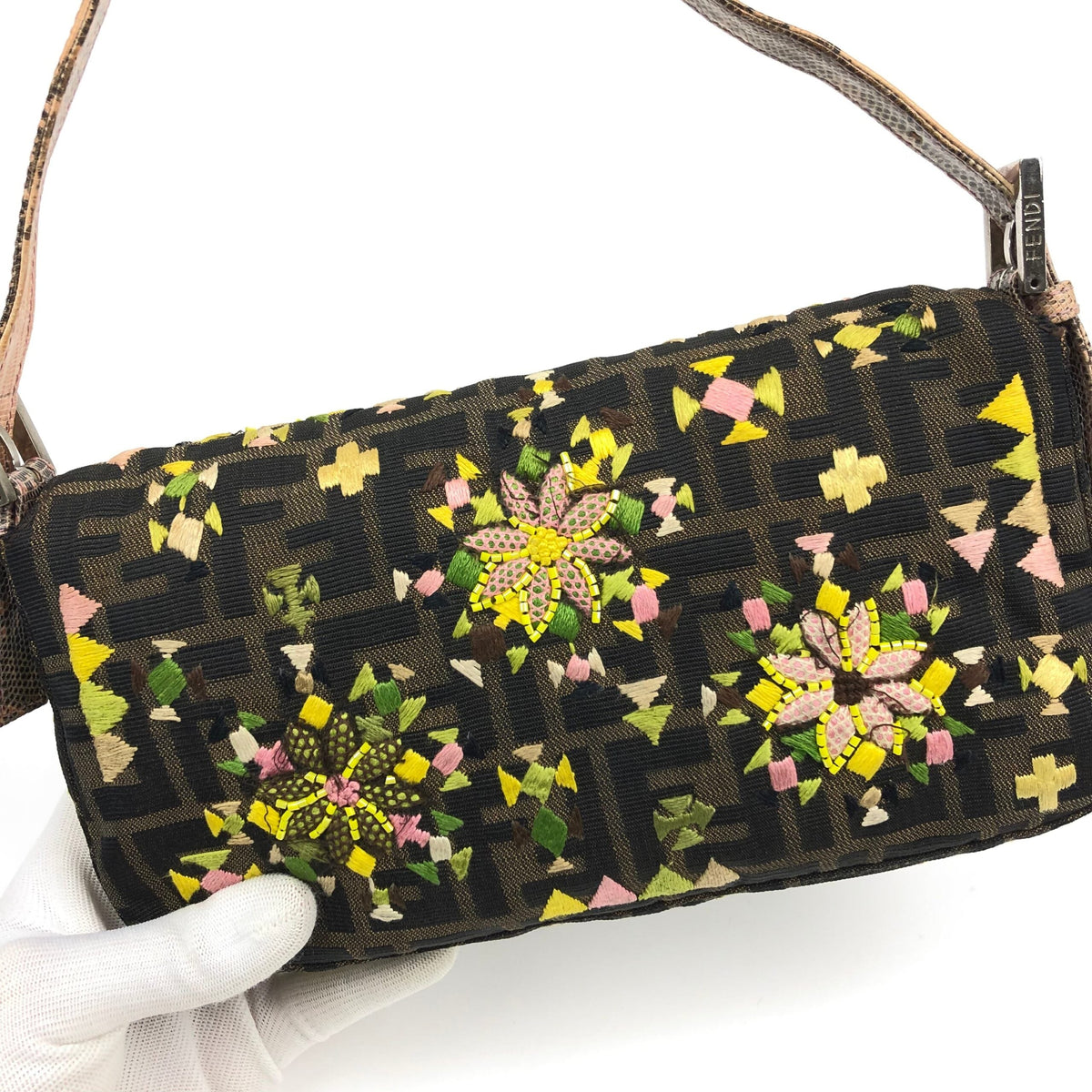 FENDI ZUCCA BEADED BAGUETTE BAG WITH EXOTIC LIZARD DETAILING