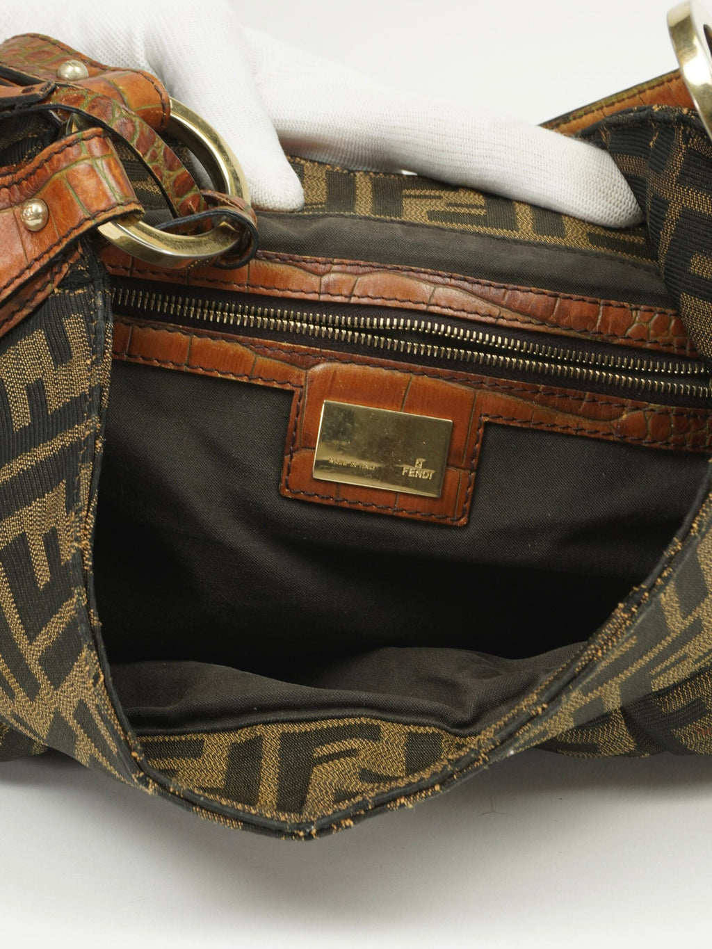 FENDI ZUCCA SHOULDER BAG WITH CROCODILE EMBOSSED TRIM