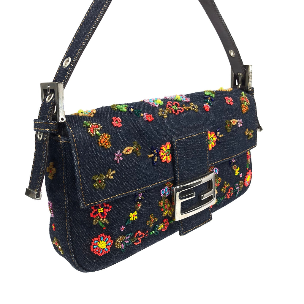 FENDI DENIM FLORAL BEADED BAGUETTE BAG
