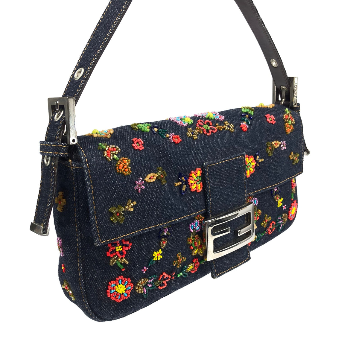 FENDI DENIM FLORAL BEADED BAGUETTE BAG