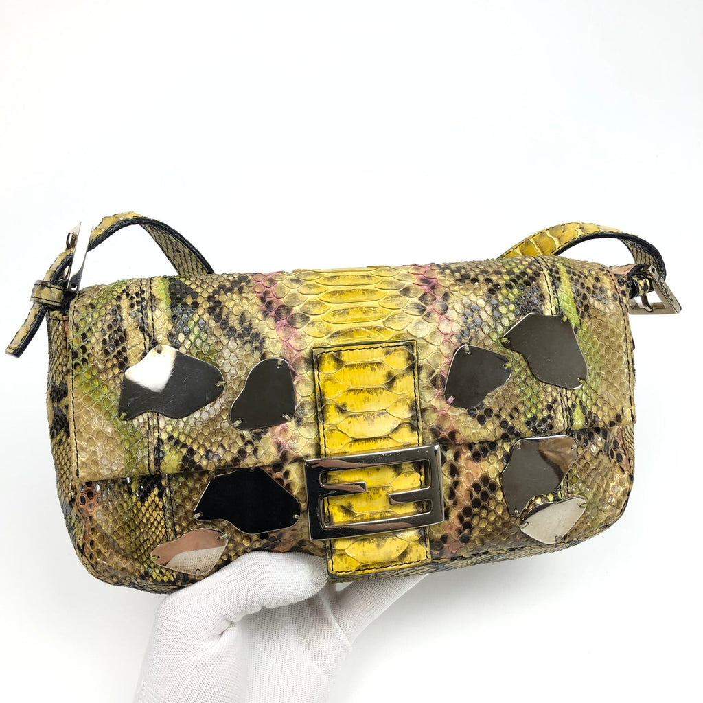FENDI MULTI COLOUR PYTHON SNAKESKIN BAGUETTE SHOULDER BAG WITH METAL/MIRROR DETAILING