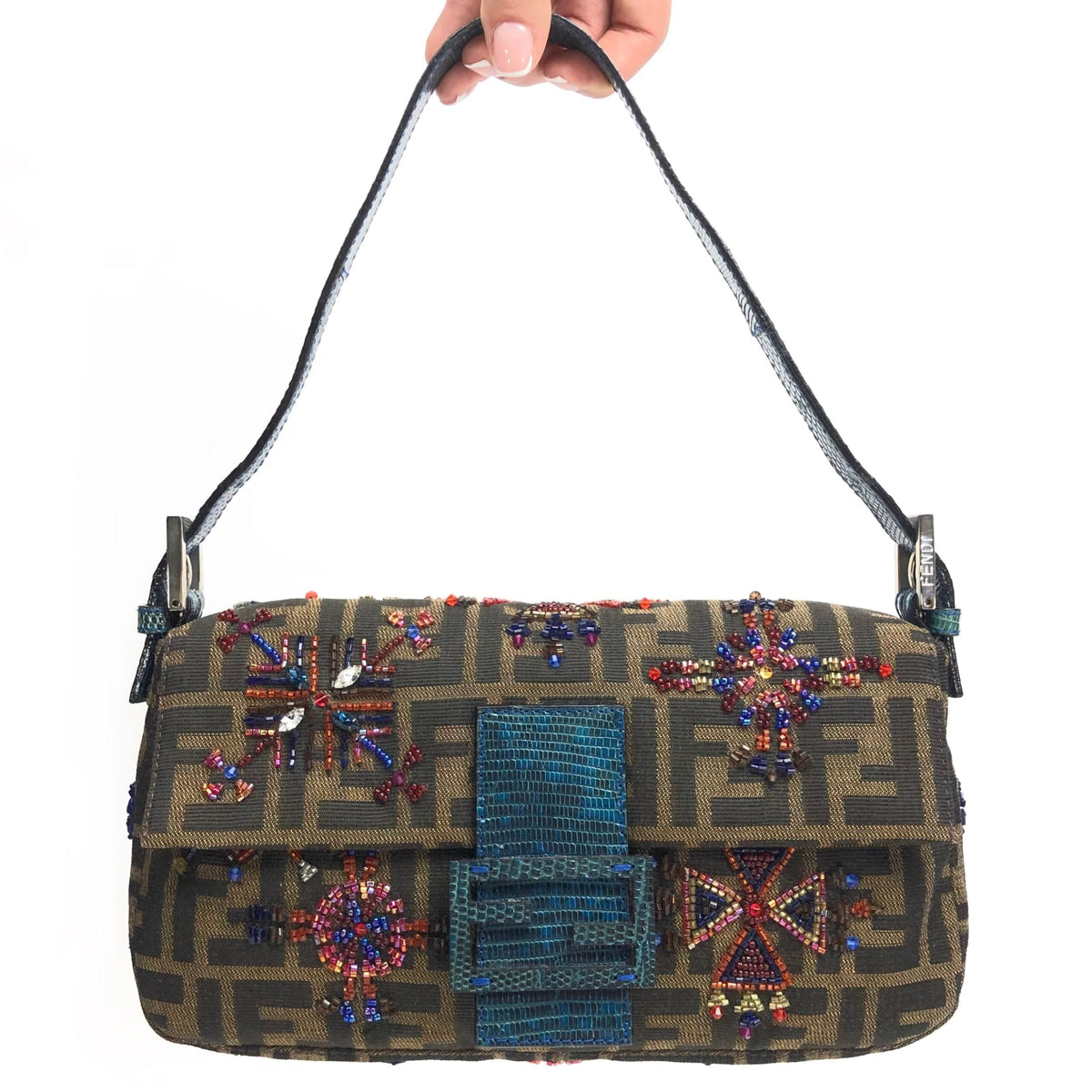 FENDI ZUCCA FLORAL BEADED BAGUETTE BAG WITH EXOTIC LIZARD DETAILING