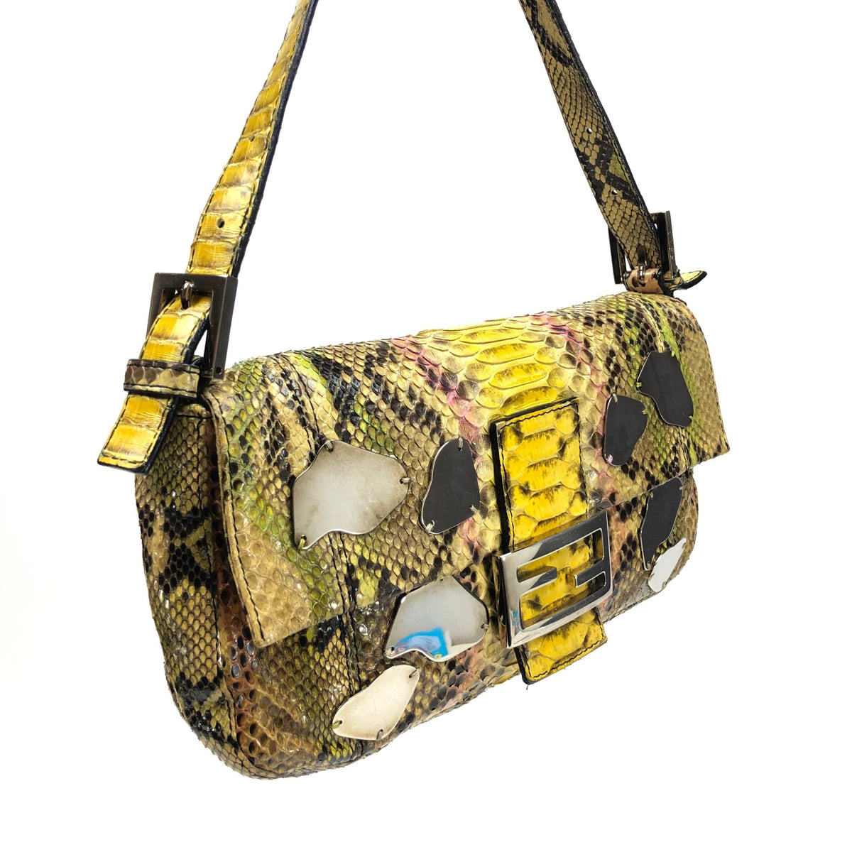 FENDI MULTI COLOUR PYTHON SNAKESKIN BAGUETTE SHOULDER BAG WITH METAL/MIRROR DETAILING