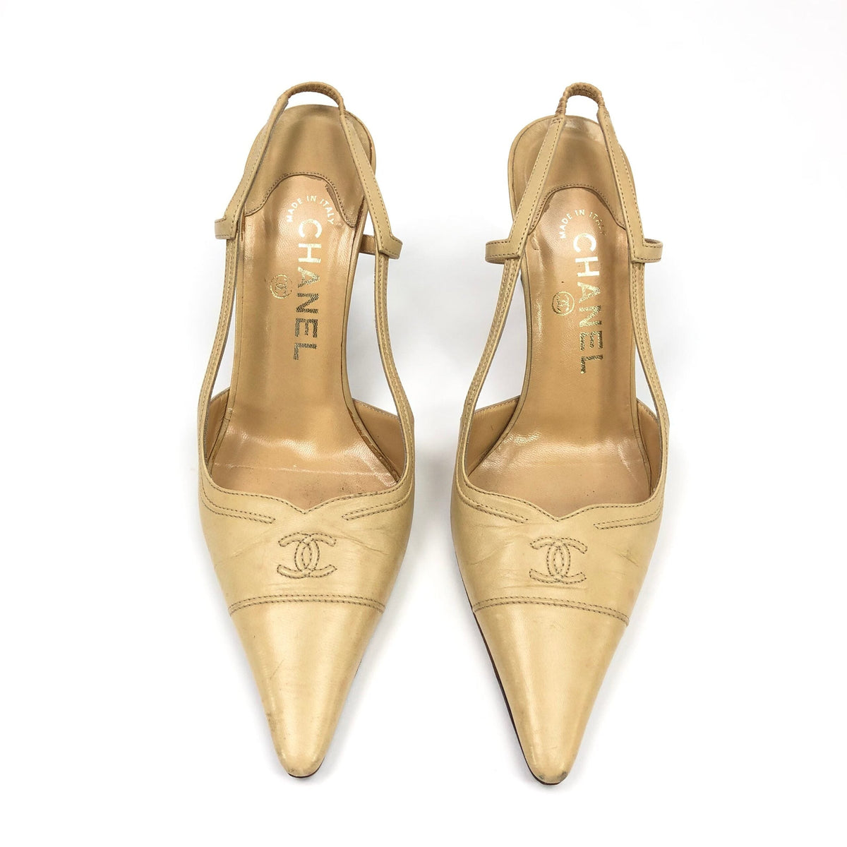 CHANEL LOGO SLING-BACK MULE HEELS