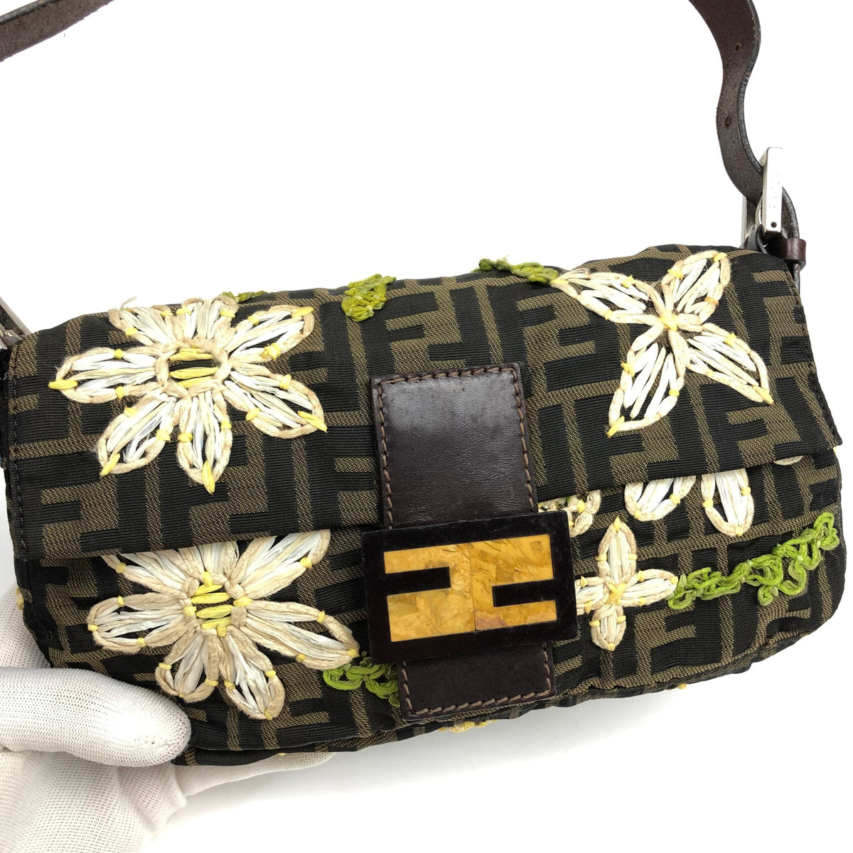 FENDI MONOGRAM BAGUETTE SHOULDER BAG WITH FLOWER DETAILING
