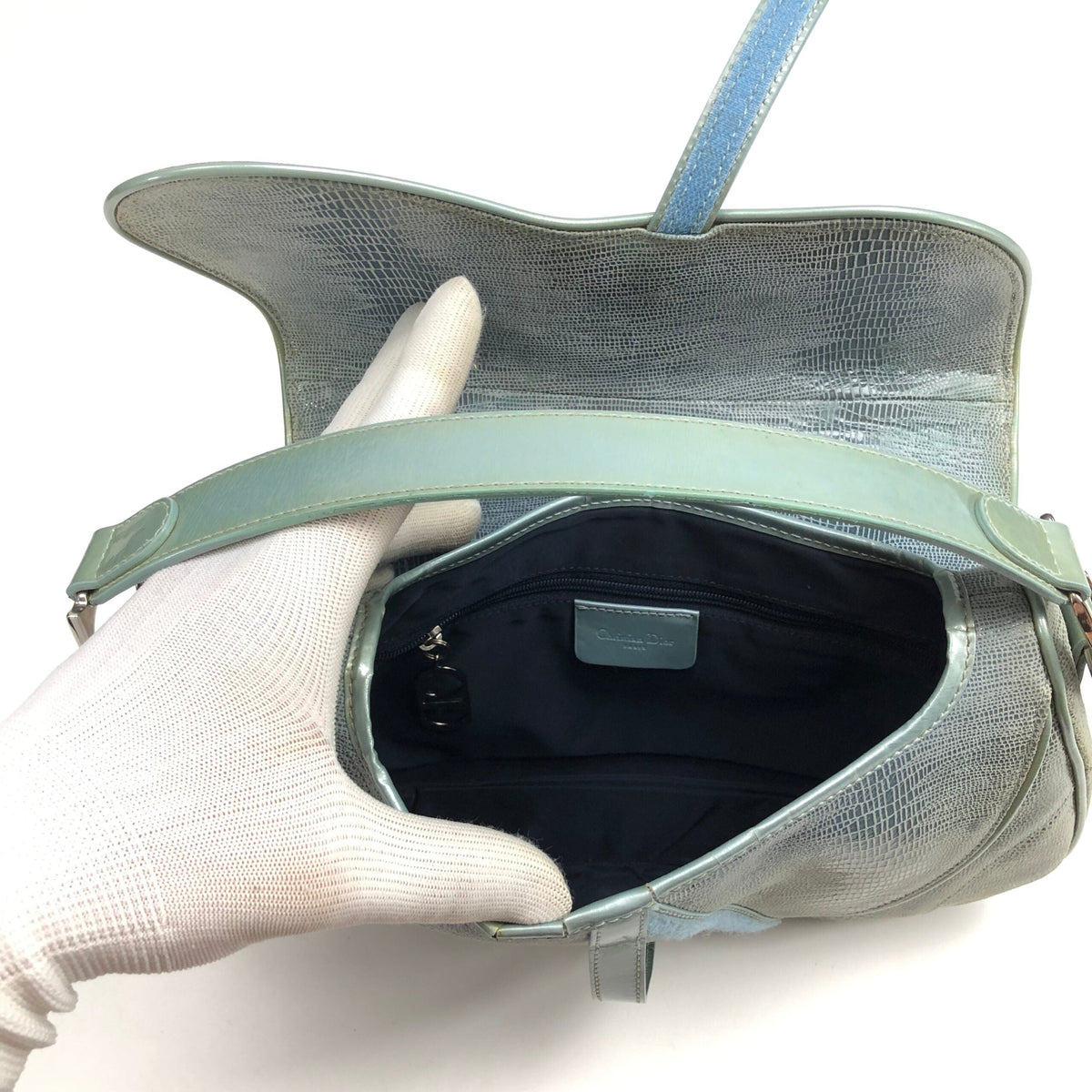 CHRISTIAN DIOR EXOTIC SOFT LIZARD LEATHER DOUBLE SADDLE BAG IN DUCK EGG BLUE