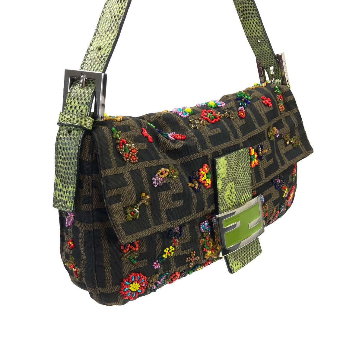 FENDI ZUCCA FLORAL BEADED BAGUETTE BAG WITH EXOTIC LIZARD DETAILING