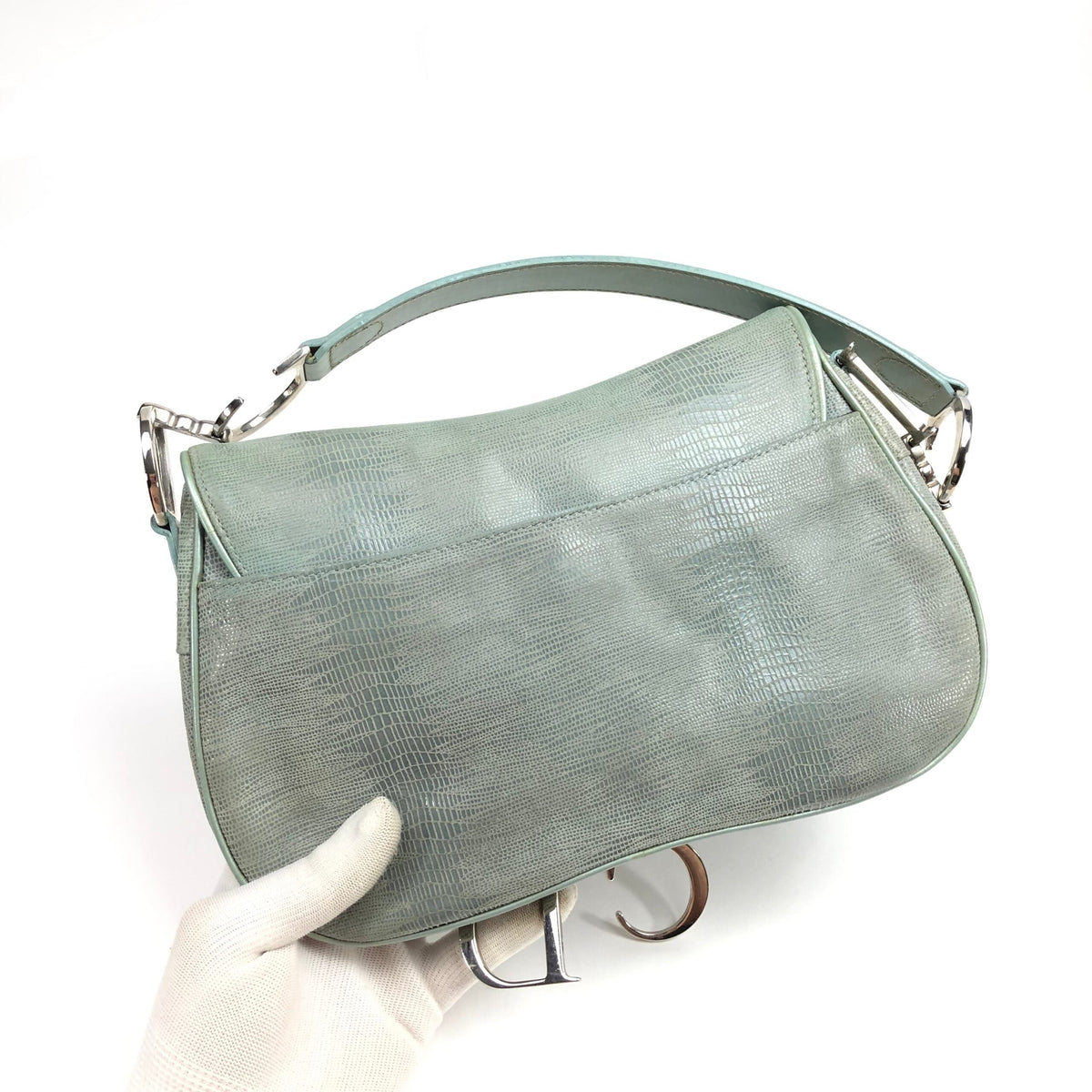 CHRISTIAN DIOR EXOTIC SOFT LIZARD LEATHER DOUBLE SADDLE BAG IN DUCK EGG BLUE