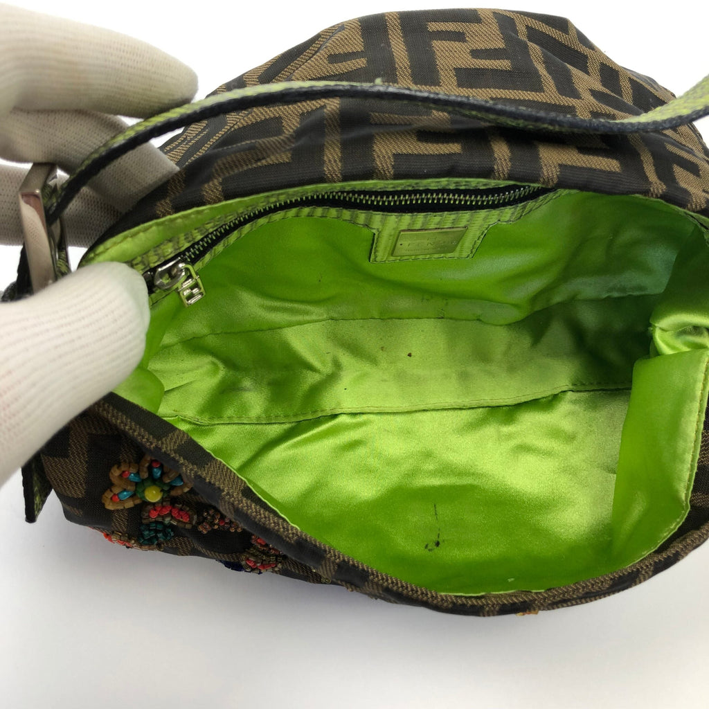 FENDI ZUCCA FLORAL BEADED BAGUETTE BAG WITH EXOTIC LIZARD DETAILING