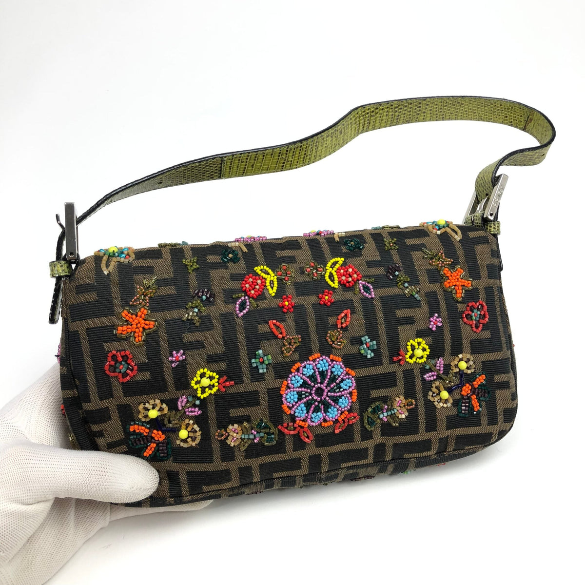 FENDI ZUCCA FLORAL BEADED BAGUETTE BAG WITH EXOTIC LIZARD DETAILING