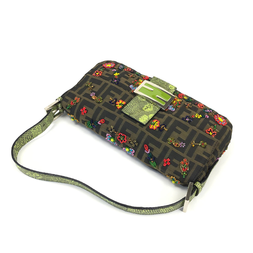 FENDI ZUCCA FLORAL BEADED BAGUETTE BAG WITH EXOTIC LIZARD DETAILING