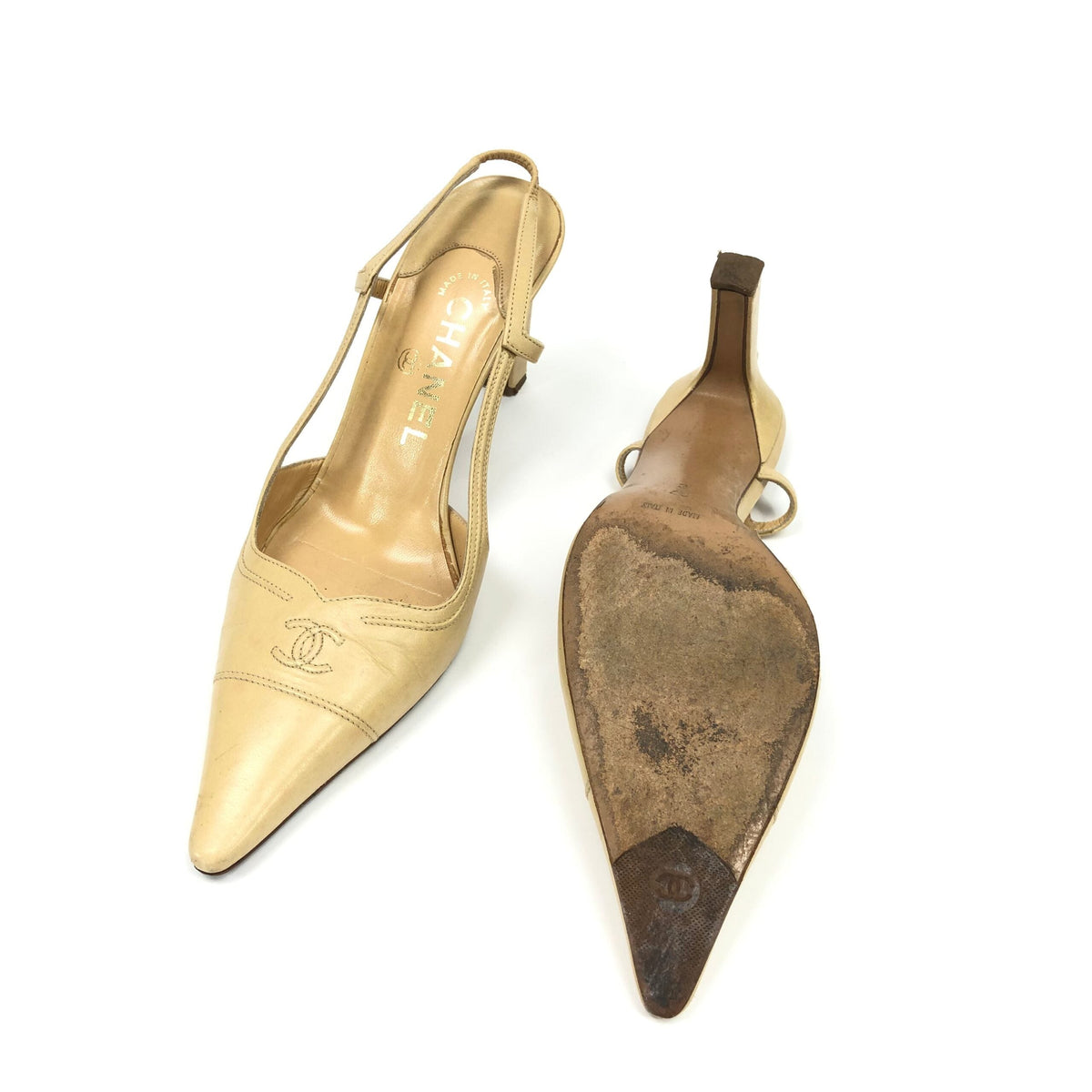 CHANEL LOGO SLING-BACK MULE HEELS