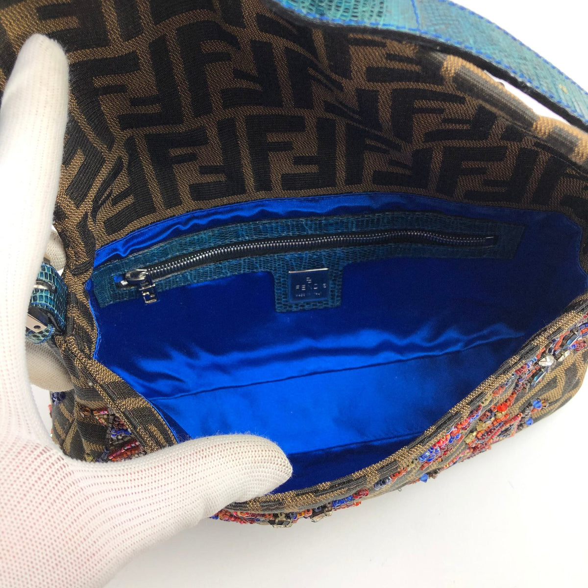 FENDI ZUCCA FLORAL BEADED BAGUETTE BAG WITH EXOTIC LIZARD DETAILING