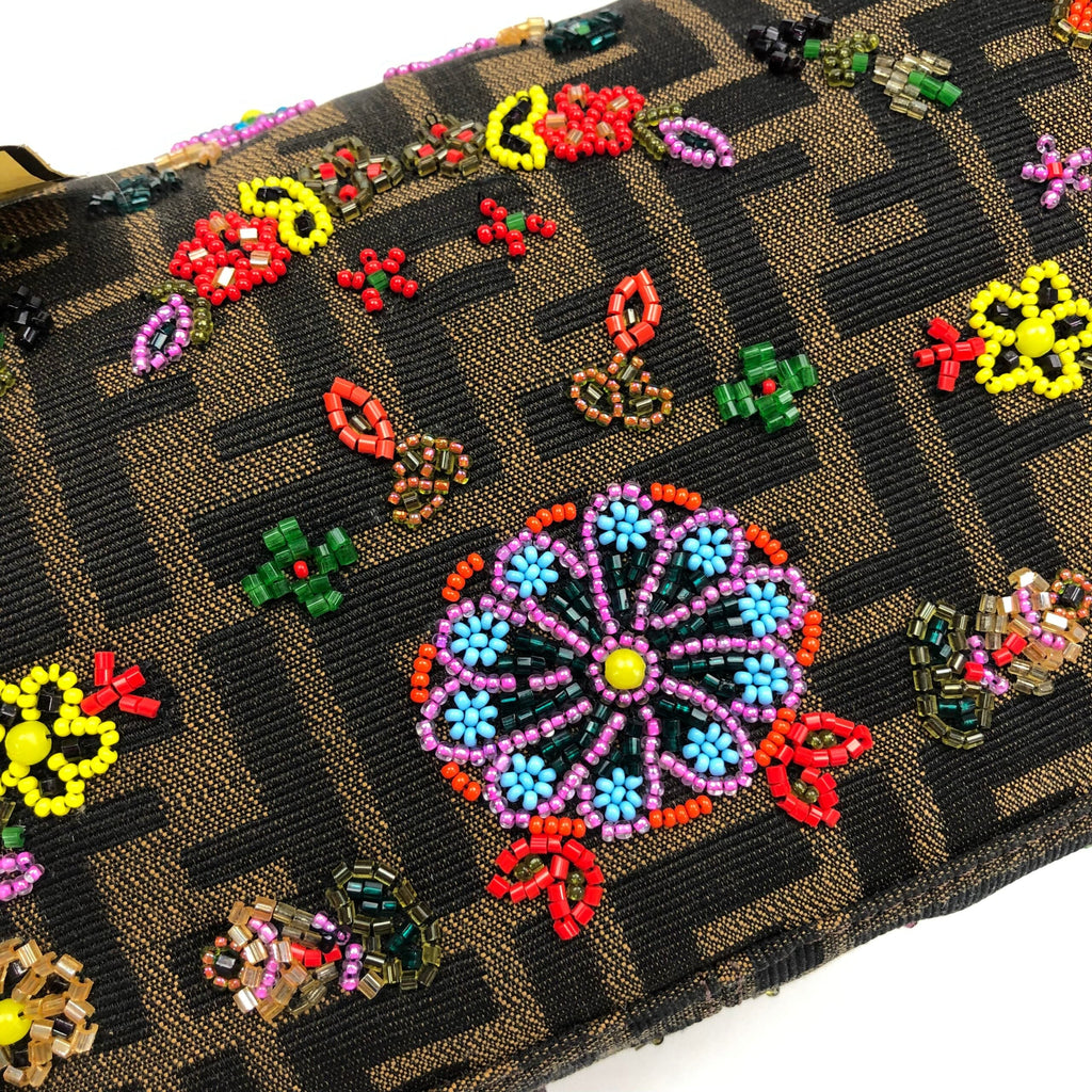 FENDI ZUCCA FLORAL BEADED BAGUETTE BAG WITH EXOTIC LIZARD DETAILING